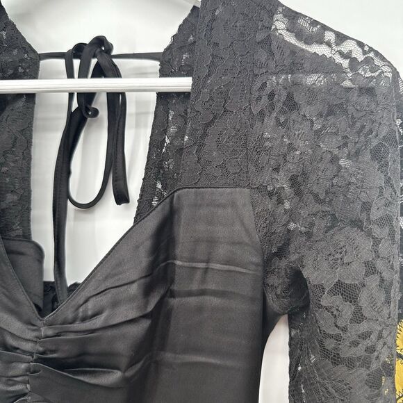 Topshop Black Satin Long Midi Dress Floral Embroidery Size 2 Formal - Picture 4 of 12